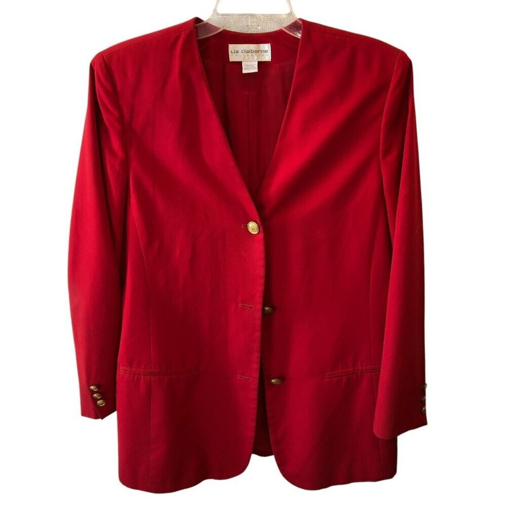 VTG Liz Claiborne Size 14 Red 3 Button Business Long Blazer Jacket USA Made